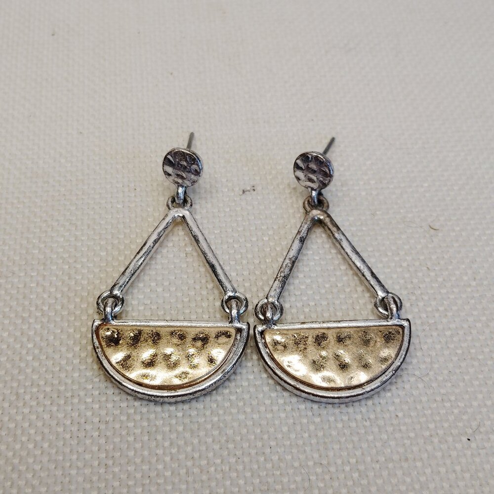 Mixed Metal Geometric Drop Earrings Hammered Half Moon Modern Minimalist 1.5 Inc